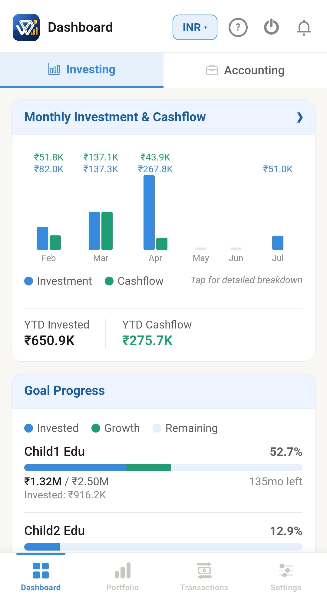 Goal progress screen showing education fund goals for two children