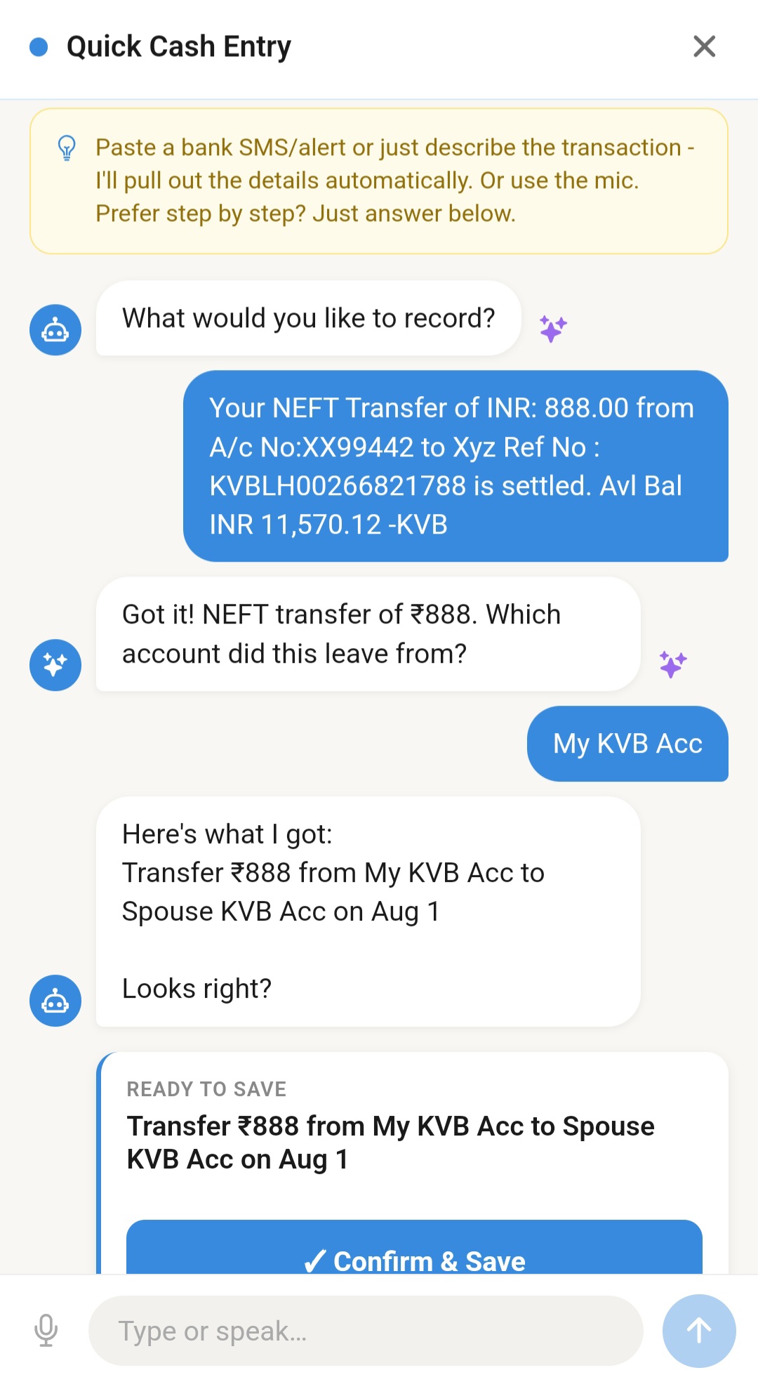 Quick Cash Entry chat parsing a pasted bank SMS into a ready-to-save transfer