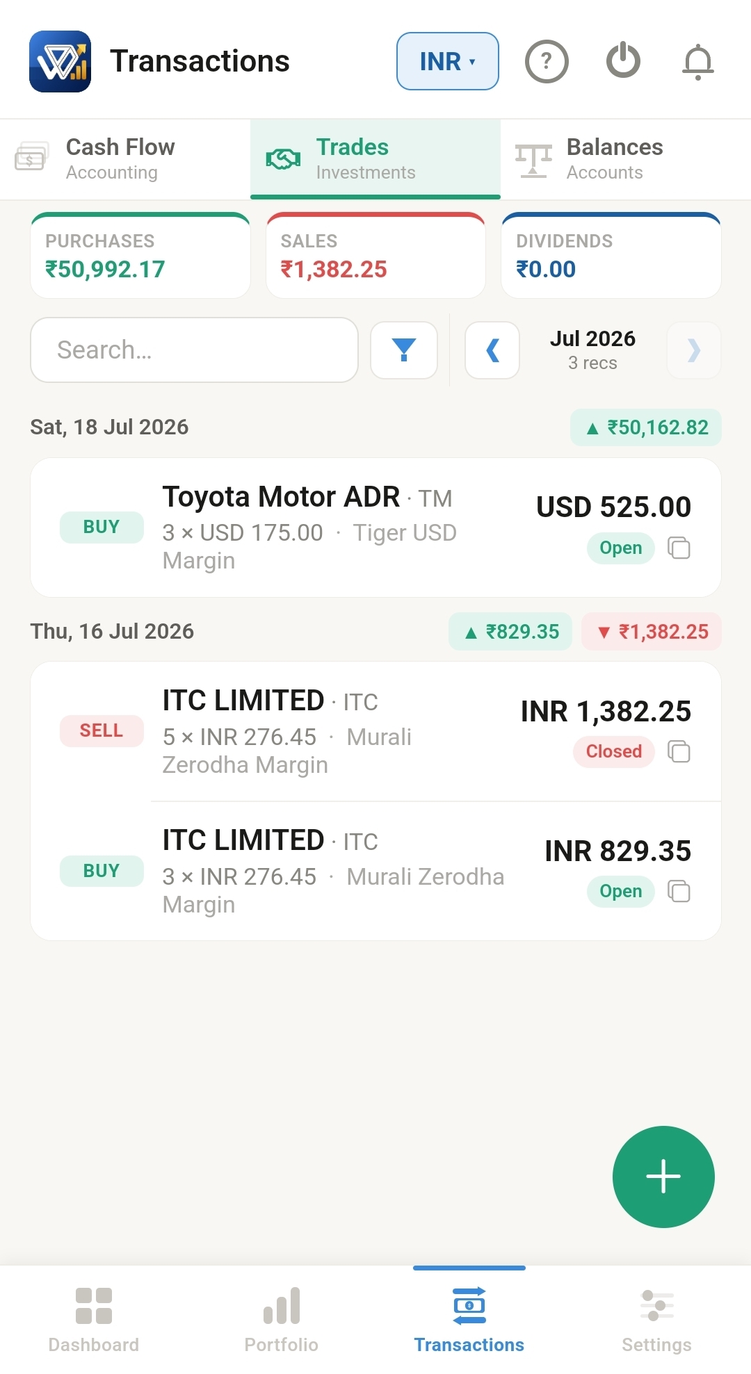 Trades screen showing purchase and sale history